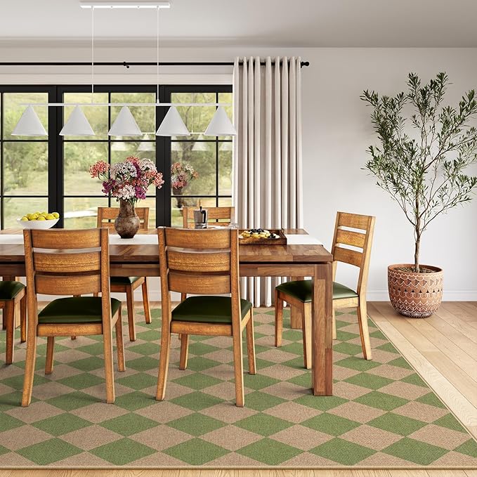Lahome Checkered Dining Living Room Rug, 8x10 Washable Indoor Outdoor Easy Jute Rug, Farmhouse Neutral Diamond Non Slip Non Shedding Floor Carpet for Sunroom Deck Classroom Office-Ruum Studio Home