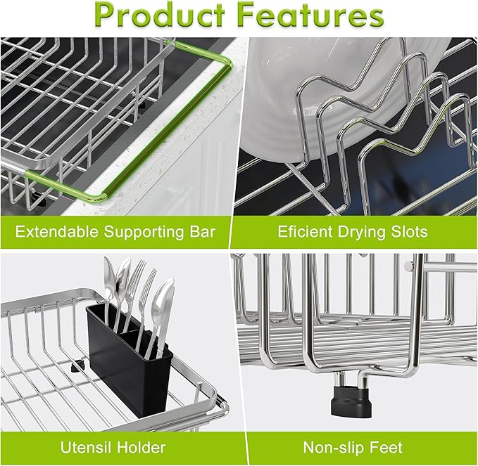 Dish Drying Rack in Sink, Expandable Stainless Steel Dish Drainer for Kitchen Sink, Dish Strainer Rack, Retractable Over Sink Dish Rack with Utensil Holder, 13.1''~16.6''D x 11.8''W, Silver-Ruum Studio Home