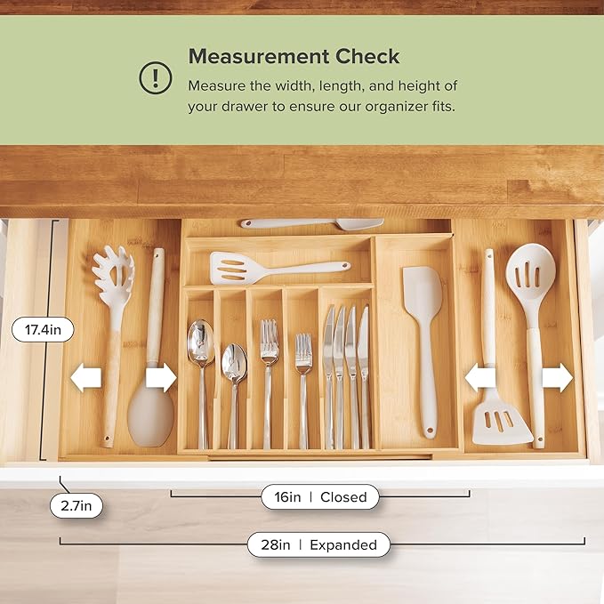 Premium Silverware, Flatware and Utensil Organizer for Kitchen Drawers, Food-Safe Contract Grade, Expandable from 16 to 28 In, Natural Bamboo-Ruum Studio Home