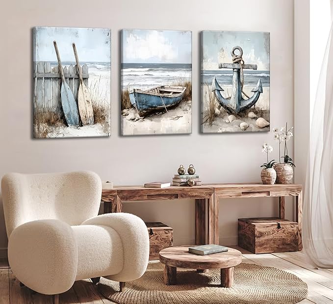 3Pcs Coastal Beach Canvas Wall Art Sailboat Paddle And Anchor Paintings Pictures Wall Decor Nautical Posters Prints Artwork Suitable for Living Room Bedroom Home Office Corridor Home Decroation-Ruum Studio Home