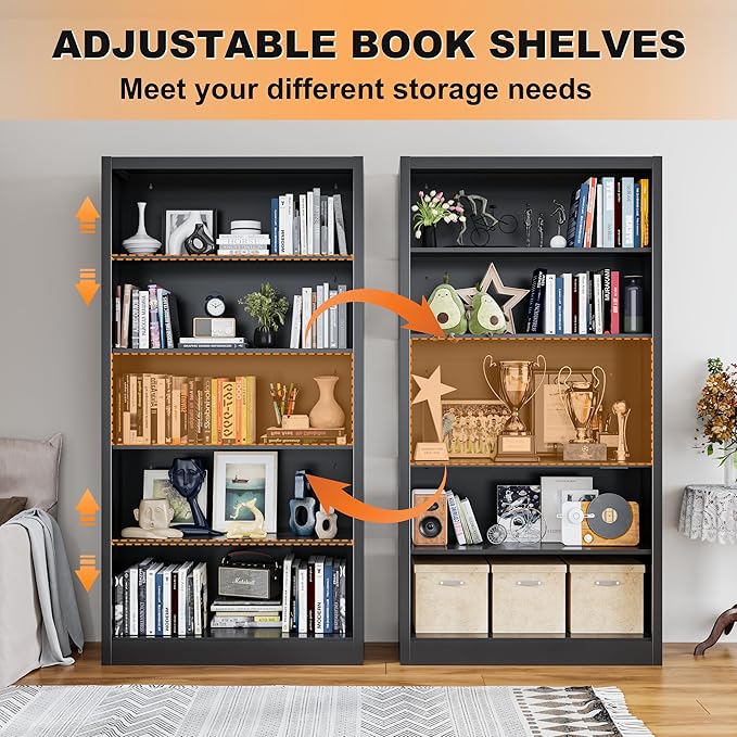 Black Bookshelf, 55” Adjustable Tall Metal Bookshelf, 5-Tier Toy Storage Organizer with Anti-Tilt Device, Modern Book Cases and Book Shelves for Bedroom, Playroom, Classroom, Study-Ruum Studio Home