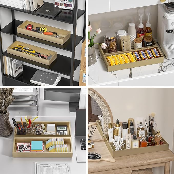Bamboo Drawer Organizer - Extra Large Silverware & Utensil Organizer, 2 Pcs Toilet Toppers, Wooden Toilet Paper Basket (Gold, 17 X 6 X 2 Inch)-Ruum Studio Home