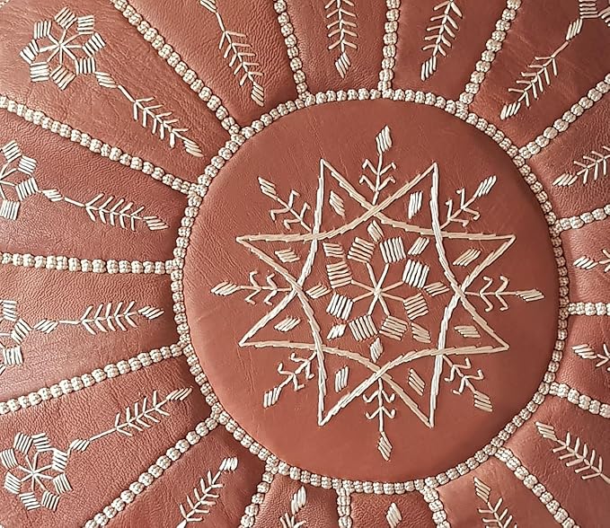 Stuffed Arch Design Moroccan Leather Pouf Ottoman, Handmade, Pre-Filled, 100% Genuine Leather, 14” Height x 22” Diameter – Boho Chic Footstool & Living Room Décor (Dark Tan)-Ruum Studio Home