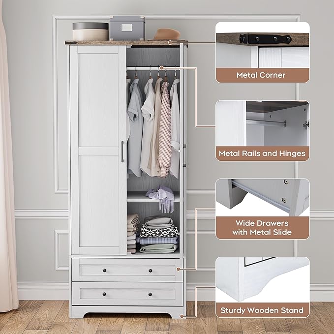Brafab Armoire Wardrobe Closet with 2 Modern Doors, 71" Tall Freestanding Closet Wardrobe Cabinet with Drawers and Hanging Rail, Light Wooden Storage Cabinet with Shelve for Bedroom (White, 2 Doors)-Ruum Studio Home