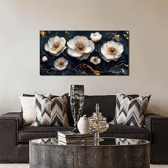 White Flower Wall Canvas Art for Bedroom - Black and White Wall Art for Living Room - Home Office Decor Wall Size 20" x 40"-Ruum Studio Home