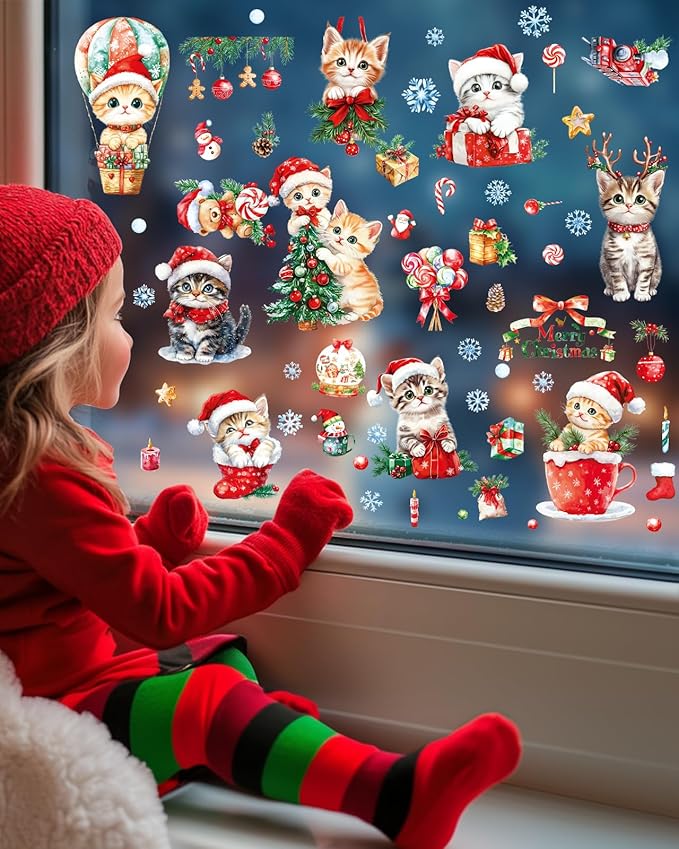 Christmas Window Clings Decorations - Cute Funny Double-Sided Static Stickers for Glass Windows and Doors, Perfect Decorations, with Cat Kitten Pattern, Reusable 9 Sheets-Ruum Studio Home