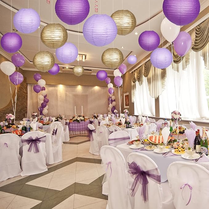 Paper Lanterns Decorative, Purple Lavender Gold Hanging Round Chinese Lanterns with Lights for Graduation Bachelorette Theme Birthday Party 12 LED Light Pack of 12-Ruum Studio Home