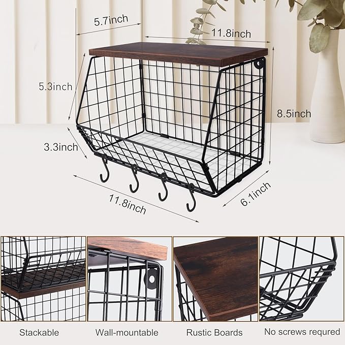 Fruit Bowl, Stackable Wall Mounted Fruit Basket of Smooth Wood Lid with 4 Banana Hanger Hooks, Metal Kitchen Counter Organizer for Snack, Fruit and Vegetable Storage, 11.8 * 7.9 * 8.5 Inches-Ruum Studio Home