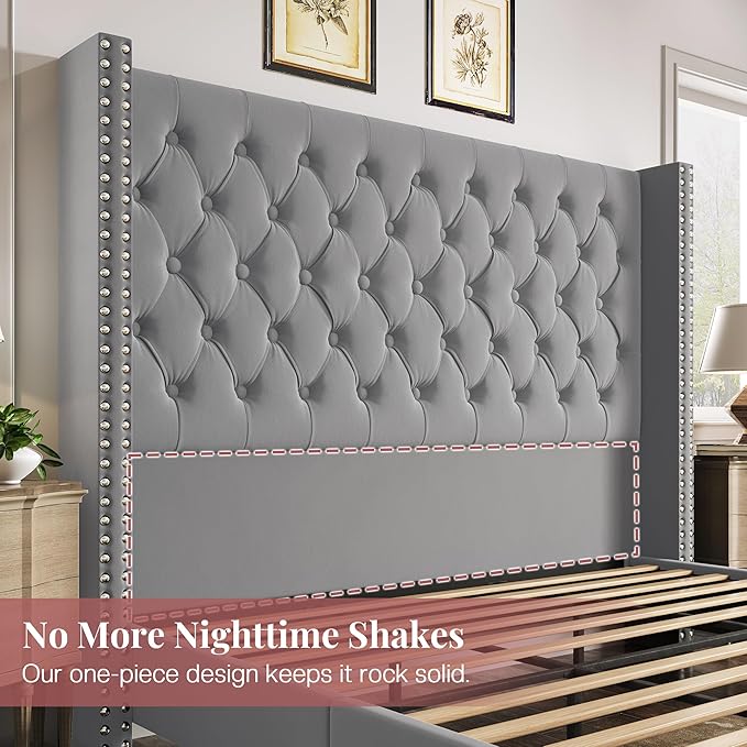 PaPaJet Queen Size Bed Frame with 61.4" Tall Headboard, Velvet Upholstered Platform and Handmade Deep Button Tufting, No Box Spring Required, Grey-Ruum Studio Home