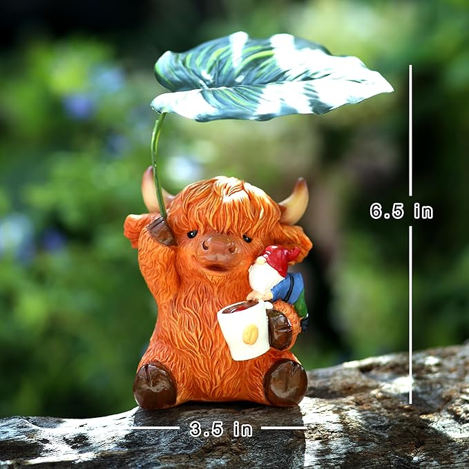 Garden Gnome with Highland Cattle 6.5“ Figurine Ornament for Indoor Outdoor Home Patio Yard Lawn, Red Hat, Blue Outfit, Indoor Outdoor Decorative Statue-Ruum Studio Home