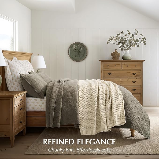 Chunky Chenille Knit Throw Blanket for Couch, Soft Luxurious Moss Stitch Blankets for Bed, Cozy Decorative Farmhouse Knitted Throws for Sofa, Beige, 60" x 80"-Ruum Studio Home