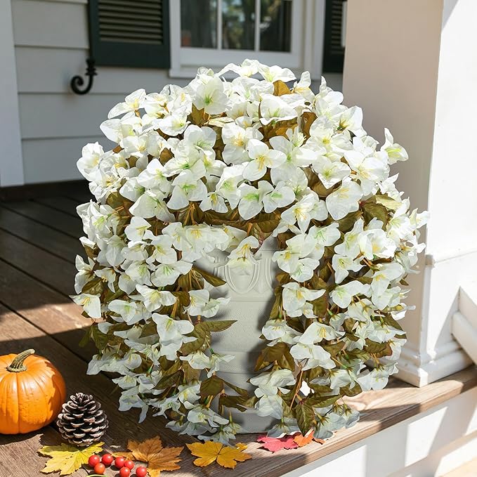 Bougainvillea Artificial Flowers Plants for Outdoors Outside Fall Autumn Decoration, 2 pcs Faux Silk Long Trailing Vines UV Resistant Look Real White Fake Flowers for Front Door Porch Planter Urn Yard-Ruum Studio Home