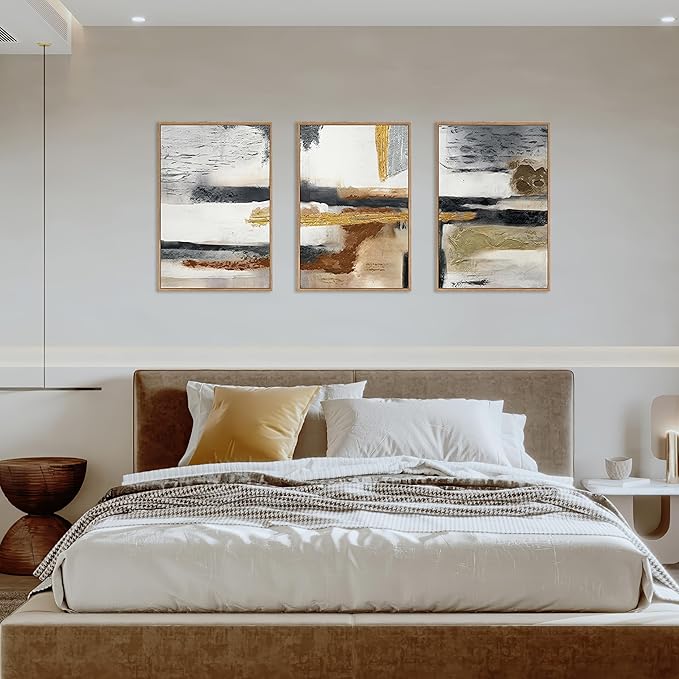 Modern Abstract Framed Canvas Wall Art Set, Neutral Textured Wall Decor, Boho Minimalist Gold and Gray Wall Painting for Living Room, Bedroom, Dining Room, Office - 16" x24" x3-Ruum Studio Home
