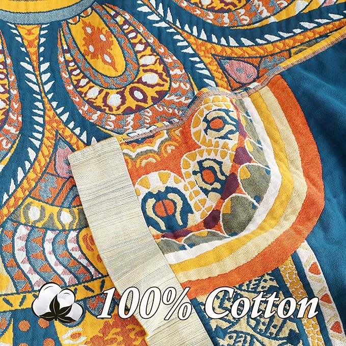 Snycler Boho 100% Cotton Throw Blanket, Decorative Muslin Boho Throw Blanket, Soft Cozy Colorful Bohemian Floral Reversible Blanket with Tassels for Chair Couch Bed Sofa Room Decor, 80x90 Inch-Ruum Studio Home