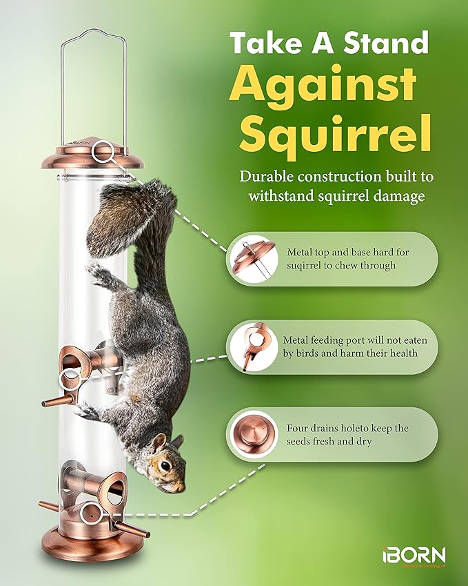 iBorn Metal Bird Feeders Metal Bird Feeder Copper for Outdoors Hanging All Metal Copper Finishing 14 Inch 4Port(Seed is not Included)-Ruum Studio Home