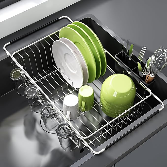 Dish Drying Rack in Sink, Expandable Stainless Steel Dish Drainers for Kitchen Counter, Dish Dryer Rack for Inside Sink, Over The Sink Dish Racks with Utensil Holder, Silver-Ruum Studio Home