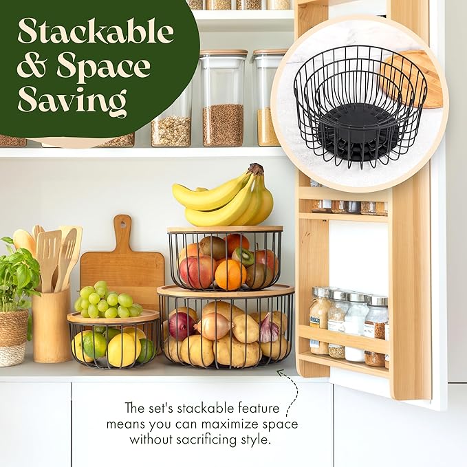 Fruit Basket for Kitchen Counter Set of 3 - Large Stackable Baskets with Bamboo Lid - Perfect Holder For Fruit and Vegetable Storage - Keep Your Countertop Classy, Tidy and Slightly Fruity!-Ruum Studio Home