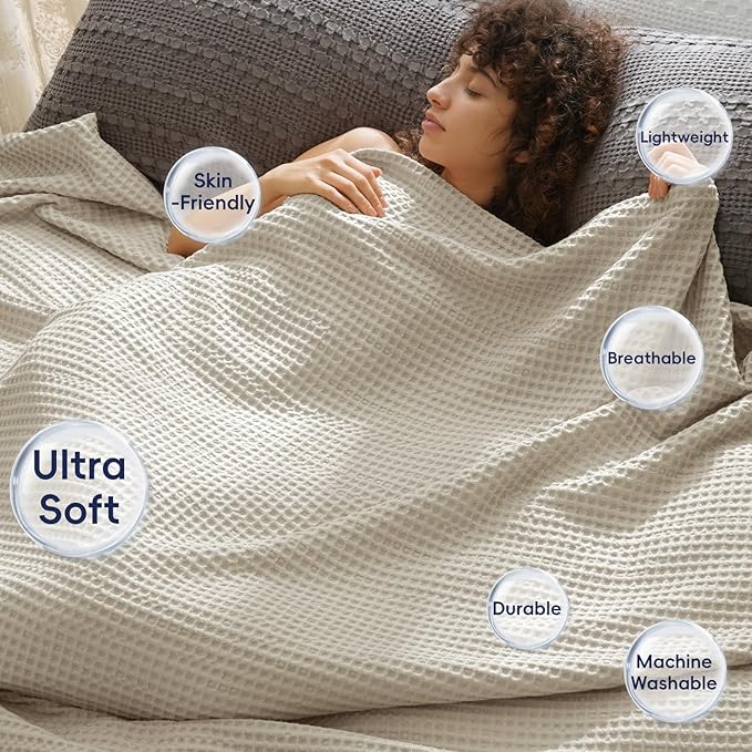 PHF Ultra Soft Waffle Weave Blanket King Size 104"x 90"- Washed Lightweight Breathable Cozy Woven Blanket for Bed - Aesthetic Decor for Couch Bedding Sofa Home Car - Light Khaki/Linen-Ruum Studio Home