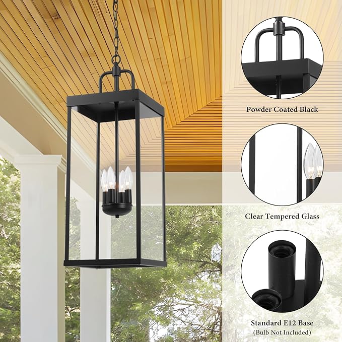 Large Outdoor Pendant Lantern Light Fixture for Front Porch, 28 Inch 4-Light Black Exterior Hanging Chandelier with Clear Glass, Outdoor Indoor Pendant Lamp for Patio, Gazebo, Entryway, Doorway-Ruum Studio Home