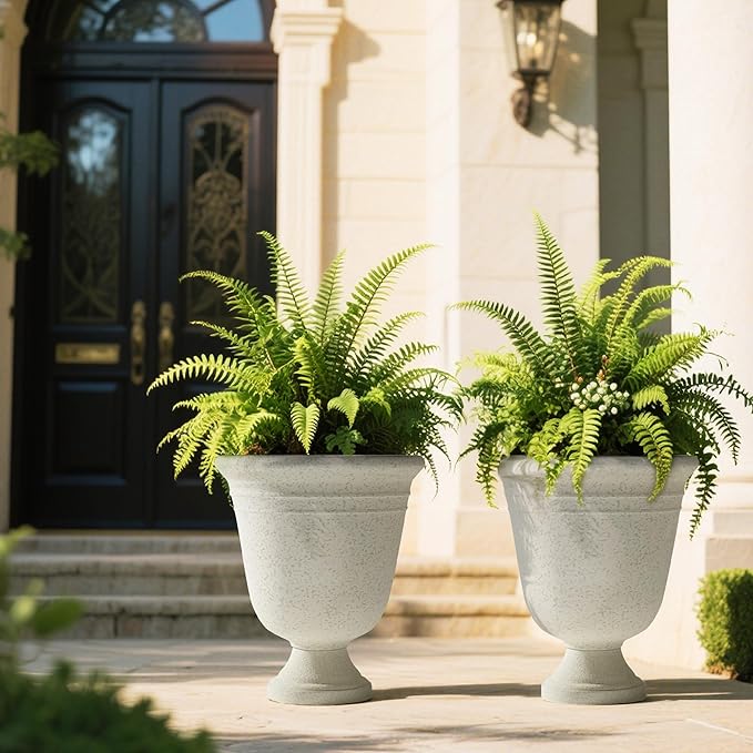 Worth Garden 2-Pack 19.5" H Plastic Urn Planters, Grayish White Large Lightweight Imitation Stone Textured Decorative Flower Plant Pots with Drainage Hole for Indoor Outdoor Patio Front Porch-Ruum Studio Home
