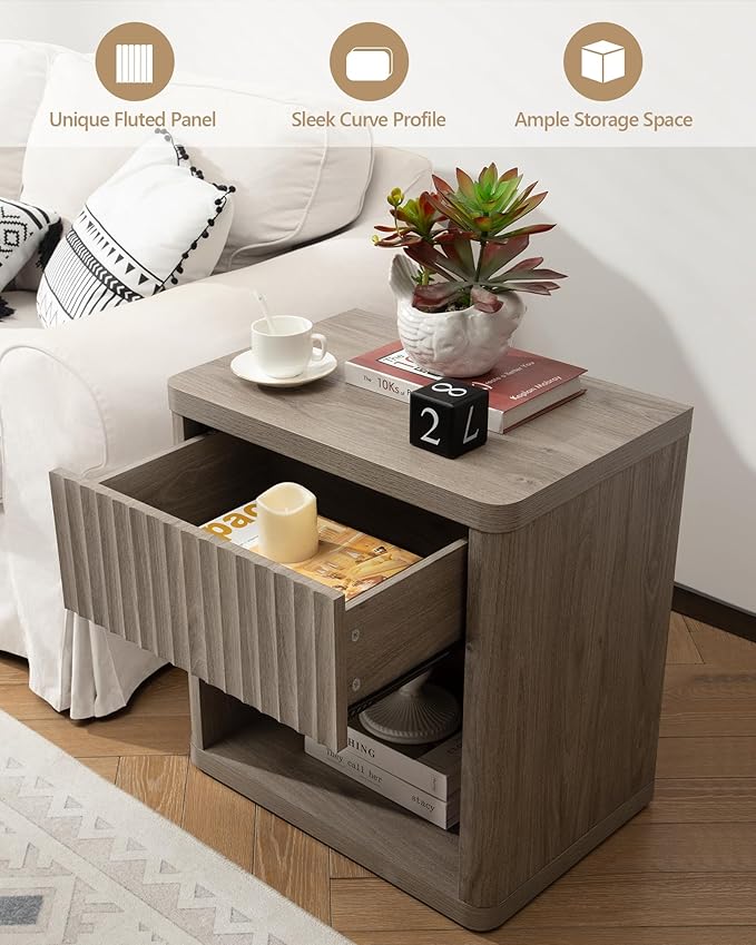 SICOTAS Night Stand Nightstand with Drawer Storage Fluted Bed Side Table End Table Large Modern Wide Bedside Stand Mid Century Night Stands for Bedroom Living Room Sofa Couch Home Office, Grey Alder-Ruum Studio Home