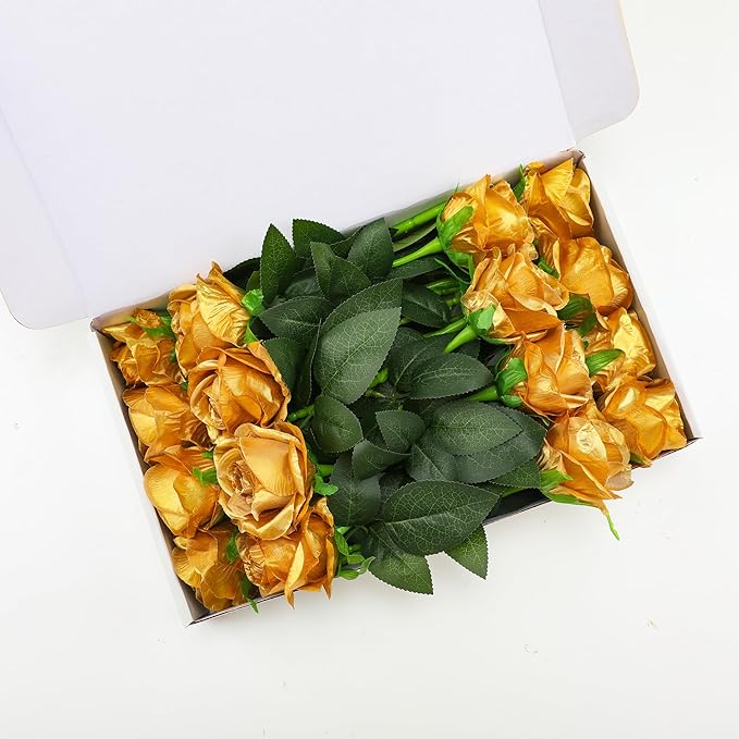 Gold Fake Roses Artificial Flowers - 16 Pcs Fake Artificial Roses Silk Flowers with Stems for Home Wedding Hotel Office Centerpiece Decor-Ruum Studio Home
