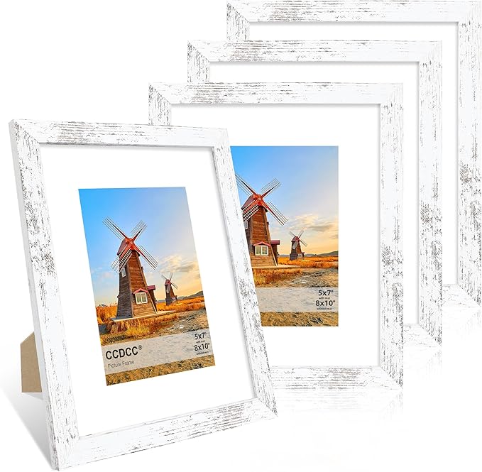 8x10 Picture Frame Set of 4, 8 x 10 Wood Photo Frames with Mat for 5x7, Rustic Natural Wooden Frame with Real Glass Cover for Wall and Tabletop Display,Distressed White-Ruum Studio Home