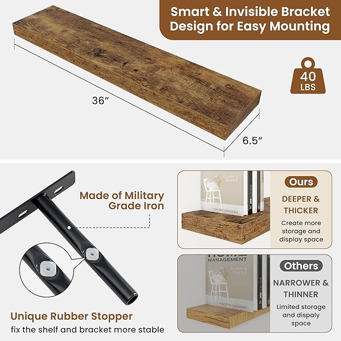 fuqing Floating Shelves for Wall, Bathroom Shelf Wall Mounted for Storage, Shelves with Invisible Bracket for Bedroom, Kitchen, Living Room, Farmhouse Small Book Shelf, 36 Inch Set of 2, Rustic Brown-Ruum Studio Home