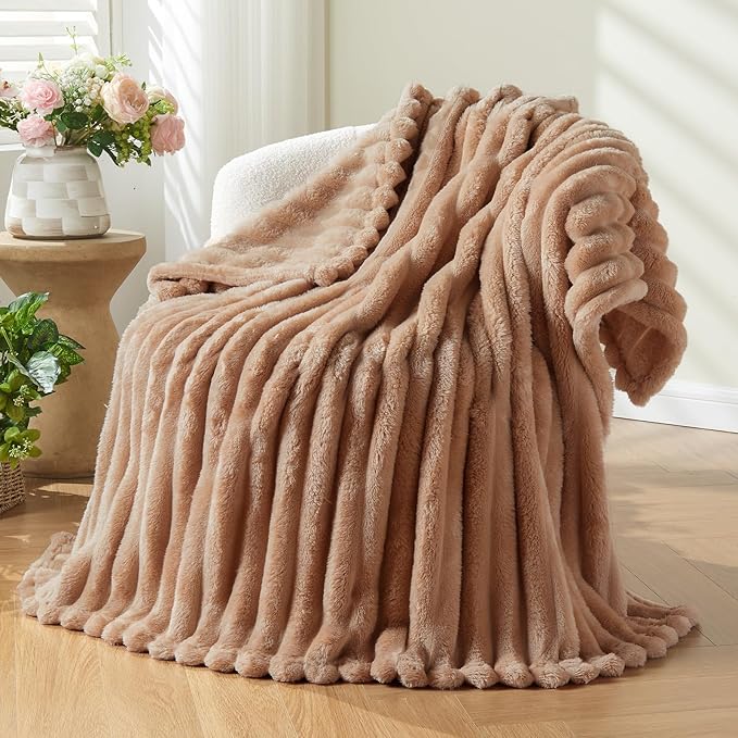 NEWCOSPLAY Super Soft Twin Blanket Taupe Premium Silky Flannel Fleece 3D Ribbed Jacquard Lightweight Bed Blanket All Season Use (Taupe Ribbed, Twin(60"x80"))-Ruum Studio Home
