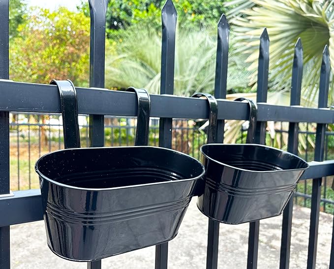 4 Pack Metal Hanging Planter for Outdoor Plants, 10 Inch Black Fence Planters Railing Pots for Garden Patio Balcony Decor, Flower Bucket with Detachable Hooks (Black, 4Pcs)-Ruum Studio Home
