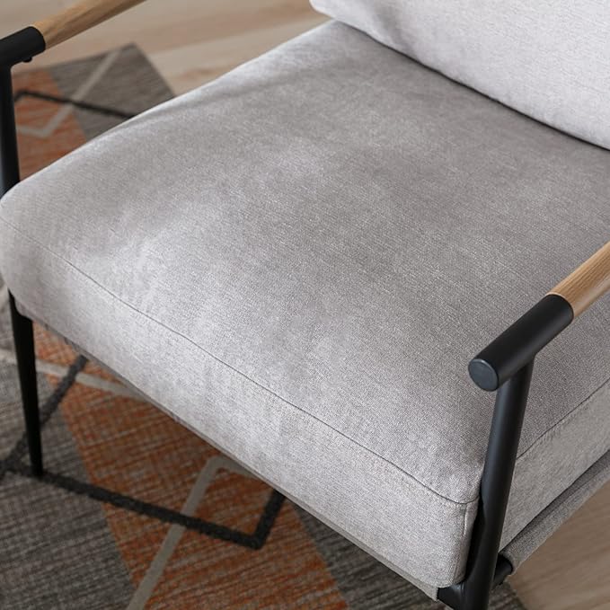 Mid-Century Accent Chair, Soft Armchair Chenille Fabric Lounge Chair with Black Metal Legs, Upholstered Leisure Chair for Living Room Bedroom Reception Room, 1PC, Grey-Ruum Studio Home