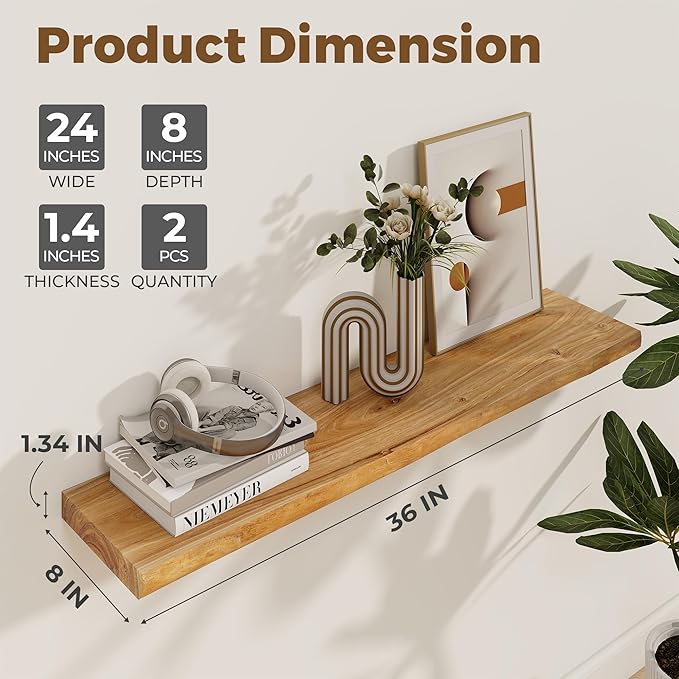 Axeman 36 inch Floating Shelves for Wall - 8'' D Live Edge Rustic Solid Elm Wood Floating Shelves Wall Mounted, Wall Shelves with Invisible Bracket for Living Room Bedroom Kitchen, Set of 2 Natural-Ruum Studio Home