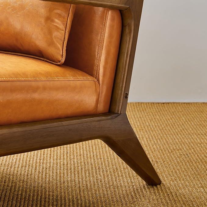Glitzhome 2 Set Mid Century Yellowish Brown Accent Armchair, Single Reading Armchair PU Leather Lounge Chair with Walnut Ruberwood Frame-Ruum Studio Home