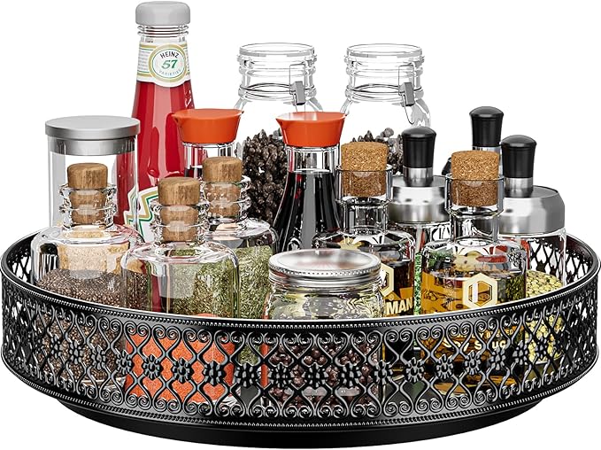 Ovicar Lazy Susan Turntable Organizer - 13 inch Rotating Spice Rack Metal Lazy Susan for Cabinet Pantry Kitchen Countertop Dining Table Cupboard Bathroom Vanity Refrigerator Black-Ruum Studio Home