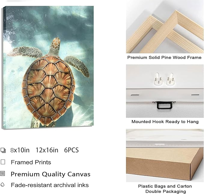Set of 6 Tropical Beach Canvas Wall Art Surf Poster Summer Ocean Coastal Pictures Turtle Print Palm Tree Surfboard Gallery Paintings Nautical Bus Wall Decor for Bedroom Bathroom Framed-Ruum Studio Home