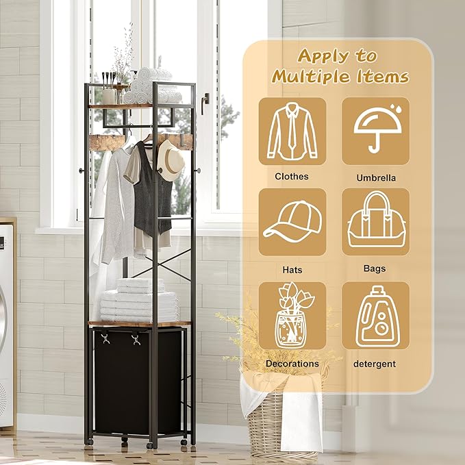 Coat Rack with Laundry Basket, Laundry Hamper Freestanding Hall Tree, Clothes Rack with Storage Shelves, 14.5 Gal Removable Bags on Wheels, Black and Brown JLH005SR-Ruum Studio Home
