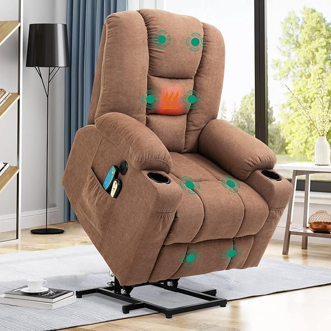 VIVIJASON Power Lift Chair Electric Recliner for Elderly Heated Vibration Massage Fabric Recliner Chair with 2 Remote Controls, Cup Holders, Side Pockets & USB Ports for Living Room (Coffee)-Ruum Studio Home