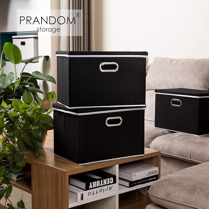PRANDOM Extra Large Collapsible Storage Bins with Lids [3-Pack] Linen Fabric Foldable Storage Baskets Boxes Organizer Containers Cube with Cover for Bedroom Closet Office Nursery (22.8x15.7x13.8)-Ruum Studio Home