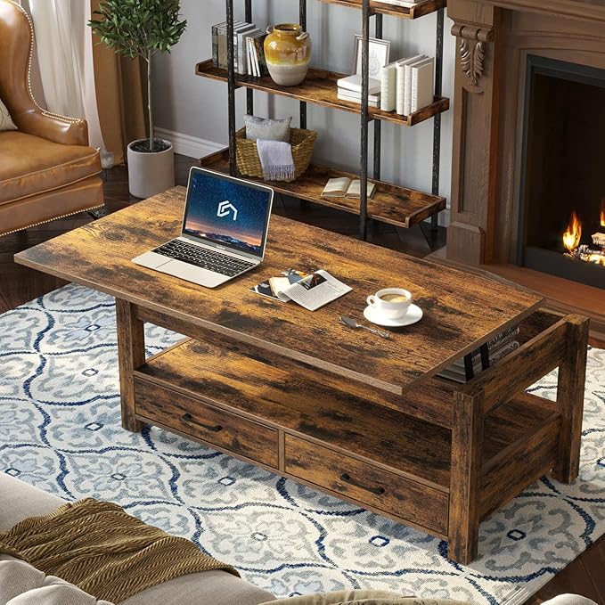 Rolanstar Coffee Table, 47.2" Lift Top Coffee Table with Drawers and Hidden Compartment, Retro Central Table with Wooden Lift Tabletop, for Living Room, Rustic Brown-Ruum Studio Home