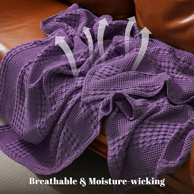 PHF 100% Cotton Waffle Weave Throw Blanket, Soft Lightweight Breathable Cozy Summer Throws for Couch Bed Sofa, Luxury Aesthetic Woven Blanket for Home Decor & Office, 50"x60", Grape-Ruum Studio Home