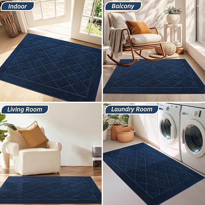 BEQHAUSE Dirt Trapper Door Mat 24" x 36", Doormat Non-Slip Entryway Rugs Washable, Dog Door Mat Stain Resistant and Absorbent Welcome Floor Mat for Front Back Door, Muddy Wet Shoes & Paws, Navy Blue-Ruum Studio Home