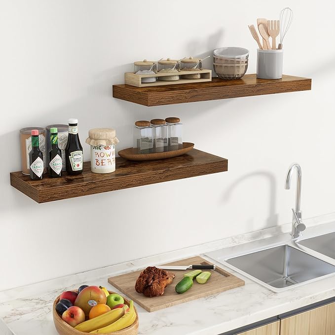 Fun Memories Floating Shelves for Wall, 32 Inch Long Floating Shelves Set of 2, 32 x 10 Wooden Shelves for Wall, Large Storage Shelves, Hanging Shelves for Bathroom Kitchen Bedroom, Rustic Brown-Ruum Studio Home