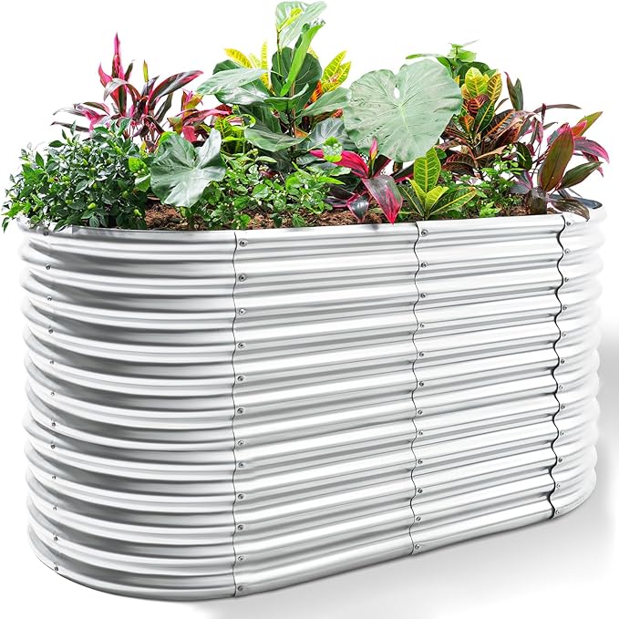 Land Guard 6x3x3ft Oval Galvanized Raised Garden Beds, Large-Capacity Metal Planter Box Outdoor, Durable Deep Raised Garden Bed 3ft Tall, Raised Beds for Gardening Vegetables, Classic Silver-Ruum Studio Home