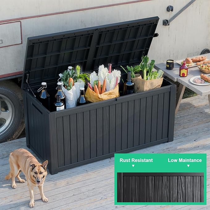 180 Gallon Outdoor Deck Box,Storage Lockable Waterproof Patio Furniture,Garden Tools,Cushions,Pool Accessories Outside Storage Resin Box(Black)-Ruum Studio Home