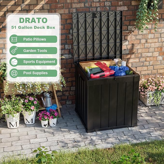 DRATO 50 Gallon Deck Box, Outdoor Storage Box for Patio Cushion, Sports Equipment, Garden Tools,Waterproof Patio Storage box, Lockable (Black)-Ruum Studio Home
