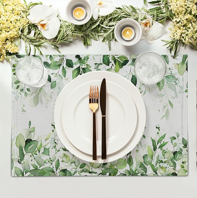 Sage Green Leaf Placemats Set of 4 Eucalyptus Leaves Place Mats 12×18 Inch Spring Summer Rustic Vintage Farmhouse Washable Linen Fabric Table Mats for Party Kitchen Dining Outdoor Indoor Decor-Ruum Studio Home