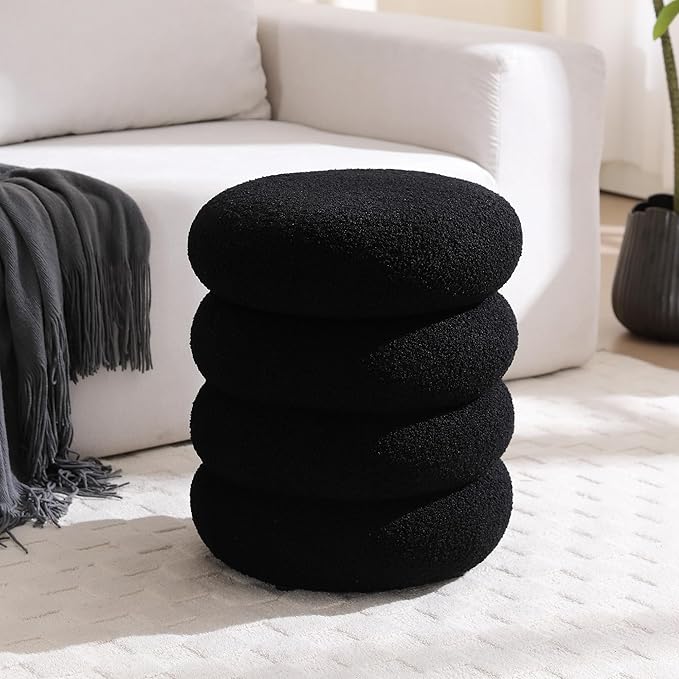 ONEVOG 16 Inch Small Ottoman Foot Rest, Sherpa Storage Ottoman for Toys, Black Vanity Stool Soft Tufted Fabric Pouf, Footstool Seat for Living Room, Dorm, Bedroom-Ruum Studio Home