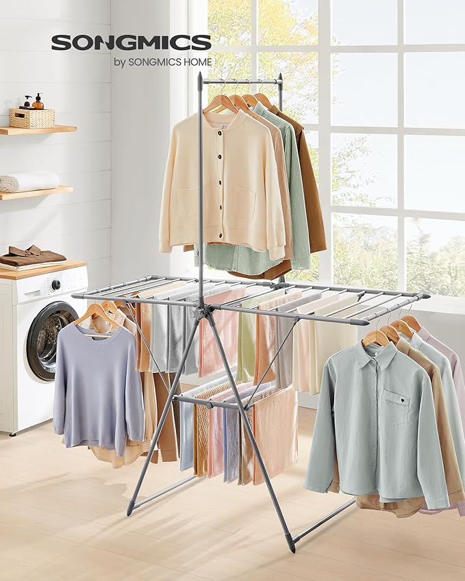 SONGMICS Clothes Drying Rack, Foldable 2-Level Laundry Drying Rack, Free-Standing Airer, 1 Additional Tall Hanging Bar, 2 Height-Adjustable Wings, 24 Drying Rails, Space Savng, Gray ULLR521G01-Ruum Studio Home