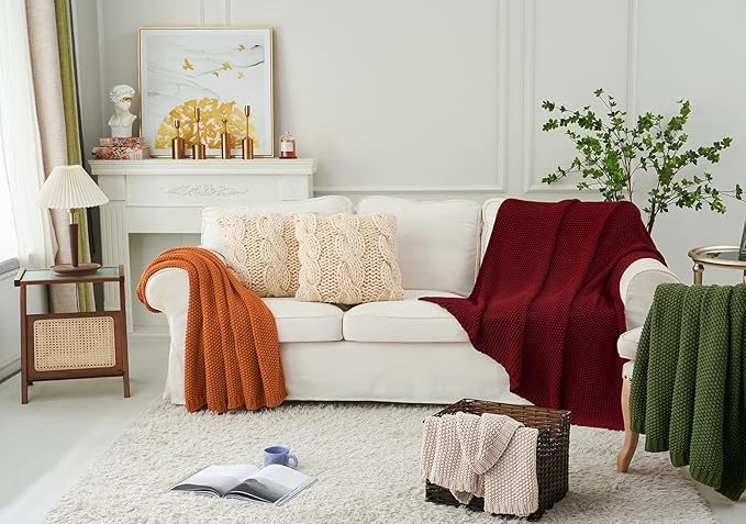 Chunky Cable Knit Throw Blanket Lightweight Wine red 100% Organic Cotton Blanket for Sofa Couch Bed Baby Nursery, Rustic Shabby Chic Modern Farmhouse, 60” x 80” Give Laundering Bag-Ruum Studio Home