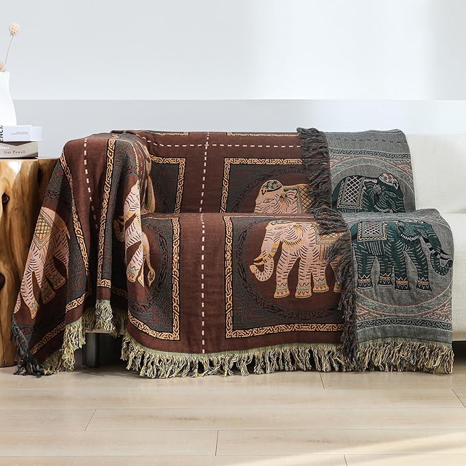Boho Throw Blanket for Bed with Tassels,100% Cotton Ultra Soft and Cozy Large Blanket Elephant Printed Farmhouse Decor Bed Blankets,80"×90" All Season Rustic Throw for Sofa Couch Chair-Brown-Ruum Studio Home